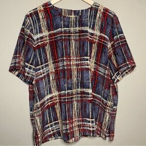 Modern Essentials Short Sleeve Plaid Blouse Women Large Red Tan Abstract Office